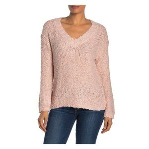 NEW SUSINA Nordstrom Blush Teddy Fluffy V Neck Boucle Knitted Pullover Sweater